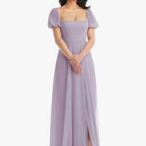 Dessy Collection Lilac Haze Chiffon Maxi Dress with Puff Sleeves and Slit